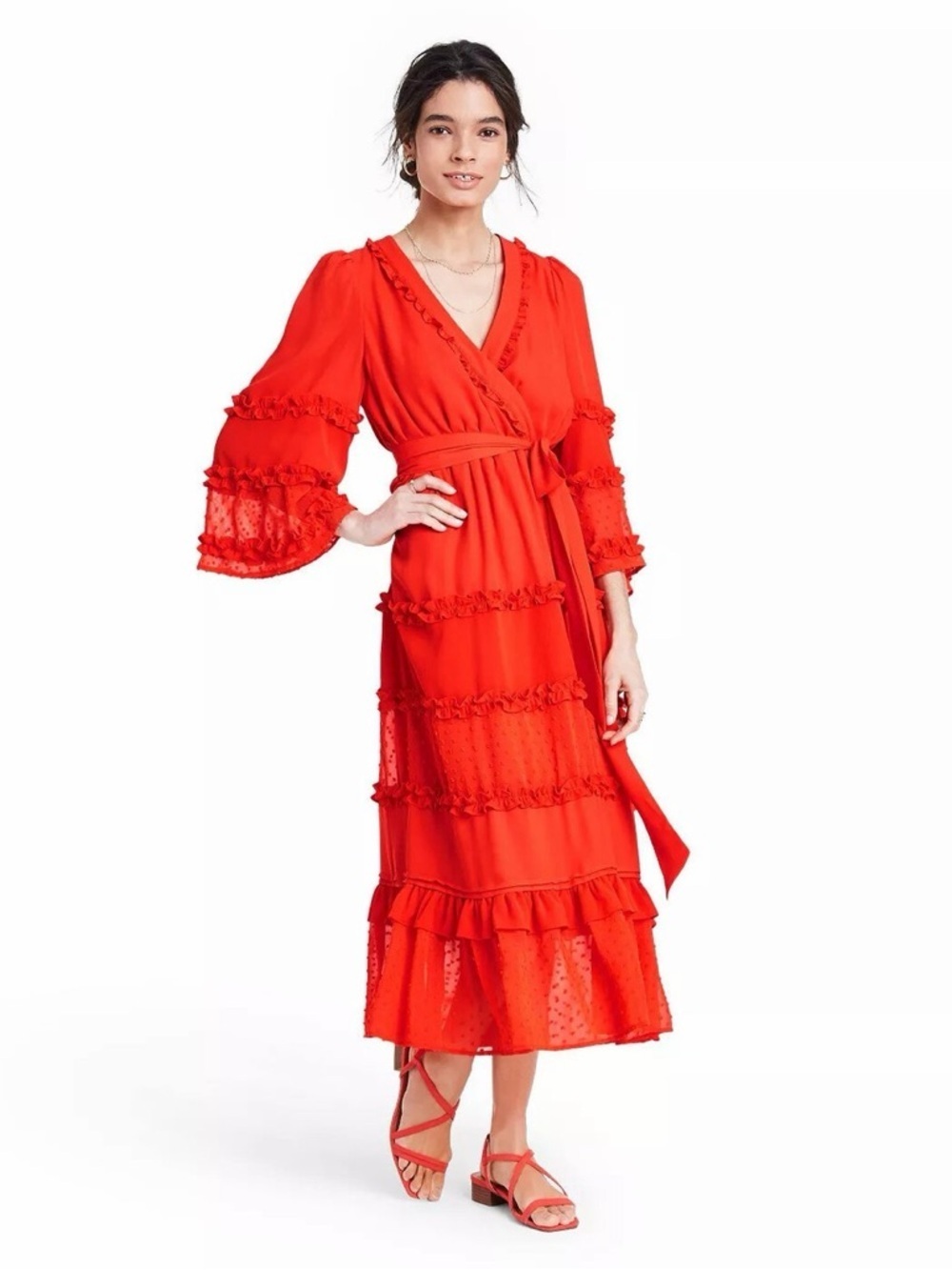 ALEXIS for Target Red Clip Dot Ruffle Tiered Midi Dress Angel Sleeve Wrap Size M - Picture 2 of 15